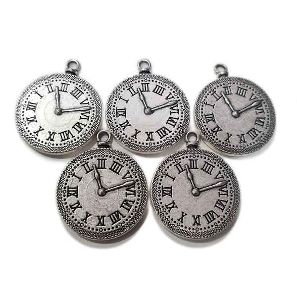 Silver Clock Cabochon  With Roman Numerals Pendant