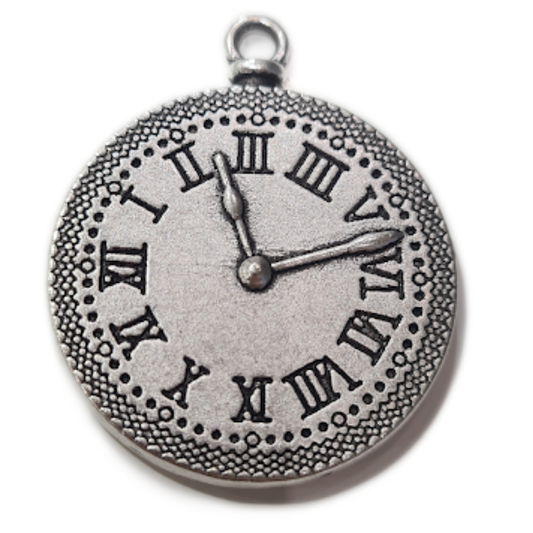 Silver Clock Cabochon  With Roman Numerals Pendant