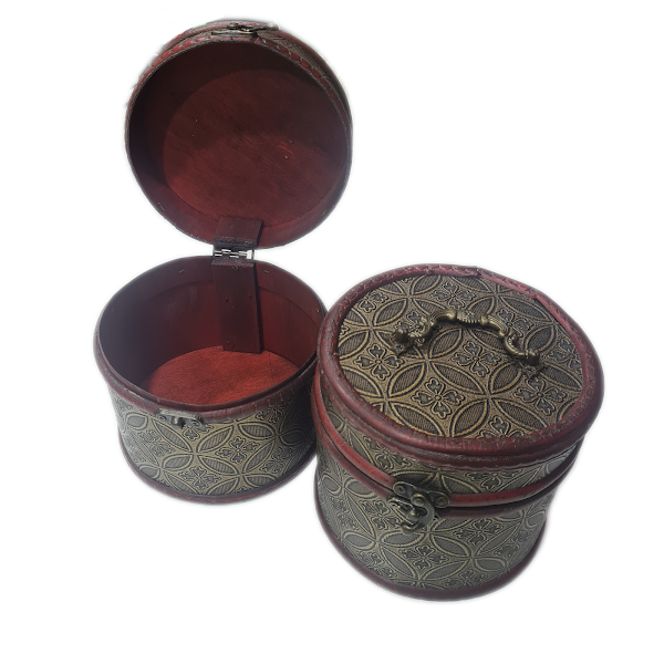 Small Circular Wooden Box With Circles & Flowers