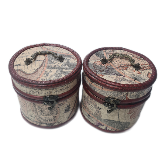 Small Circular Wooden Box With Treasure Map Design.