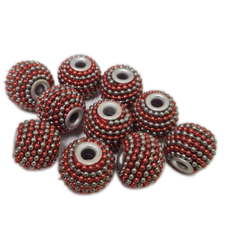 10pc Red & Silver Beaded Kashmiri Beads