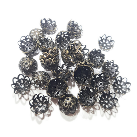 30pc Dark Bronze Flower Filigree Bead Caps