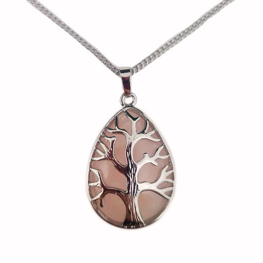 Oval Silver Rose Quartz Tree Of Life Necklace