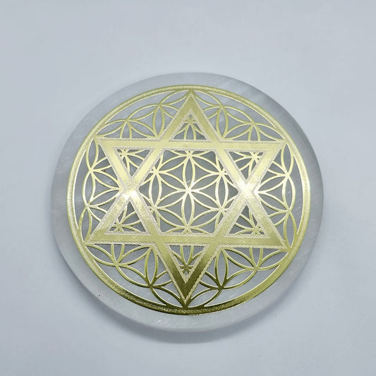 Small Selenite Flower of Life Pentagram Gold Foil Charging Plate