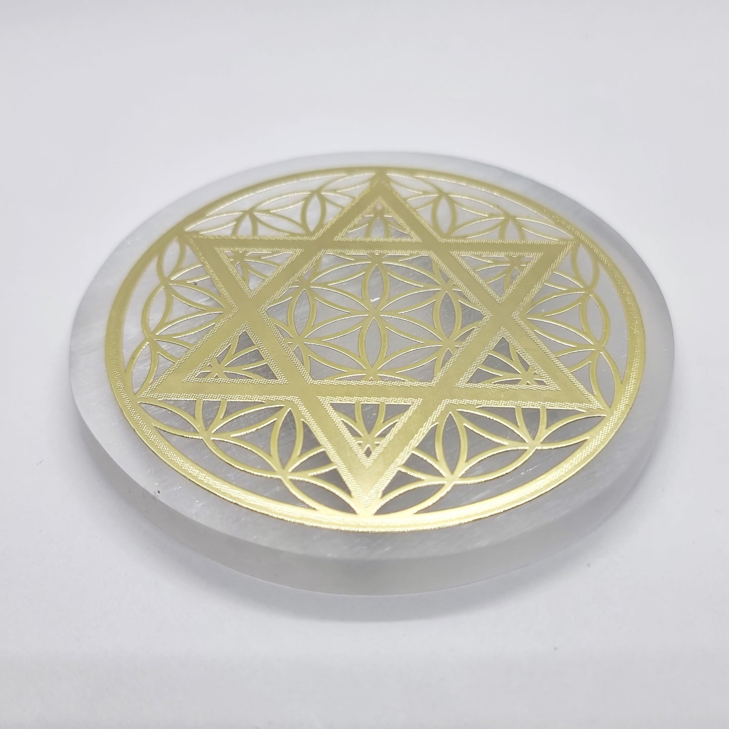 Small Selenite Flower of Life Pentagram Gold Foil Charging Plate