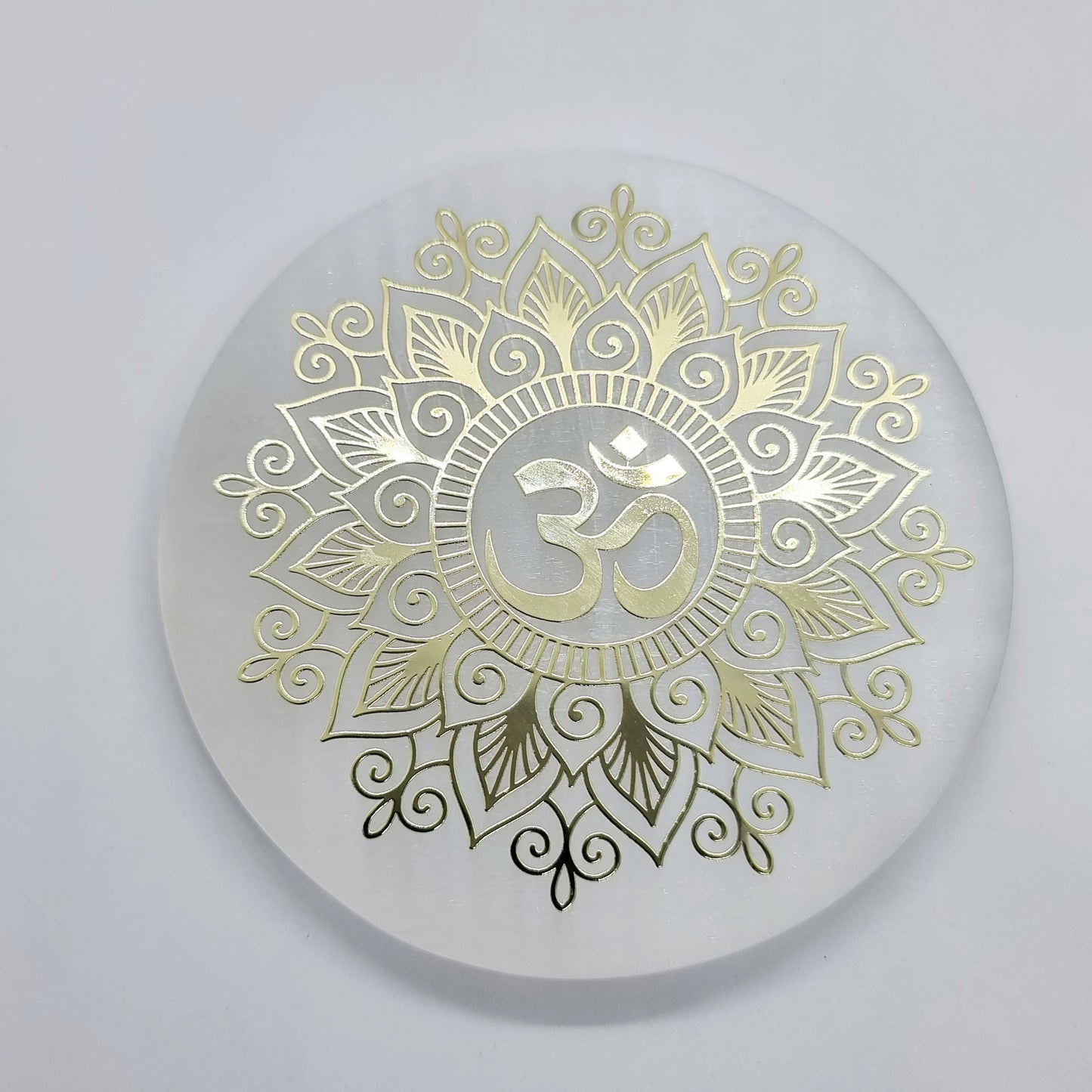 Small Selenite Ohm Mandala Gold Foil Charging Plate