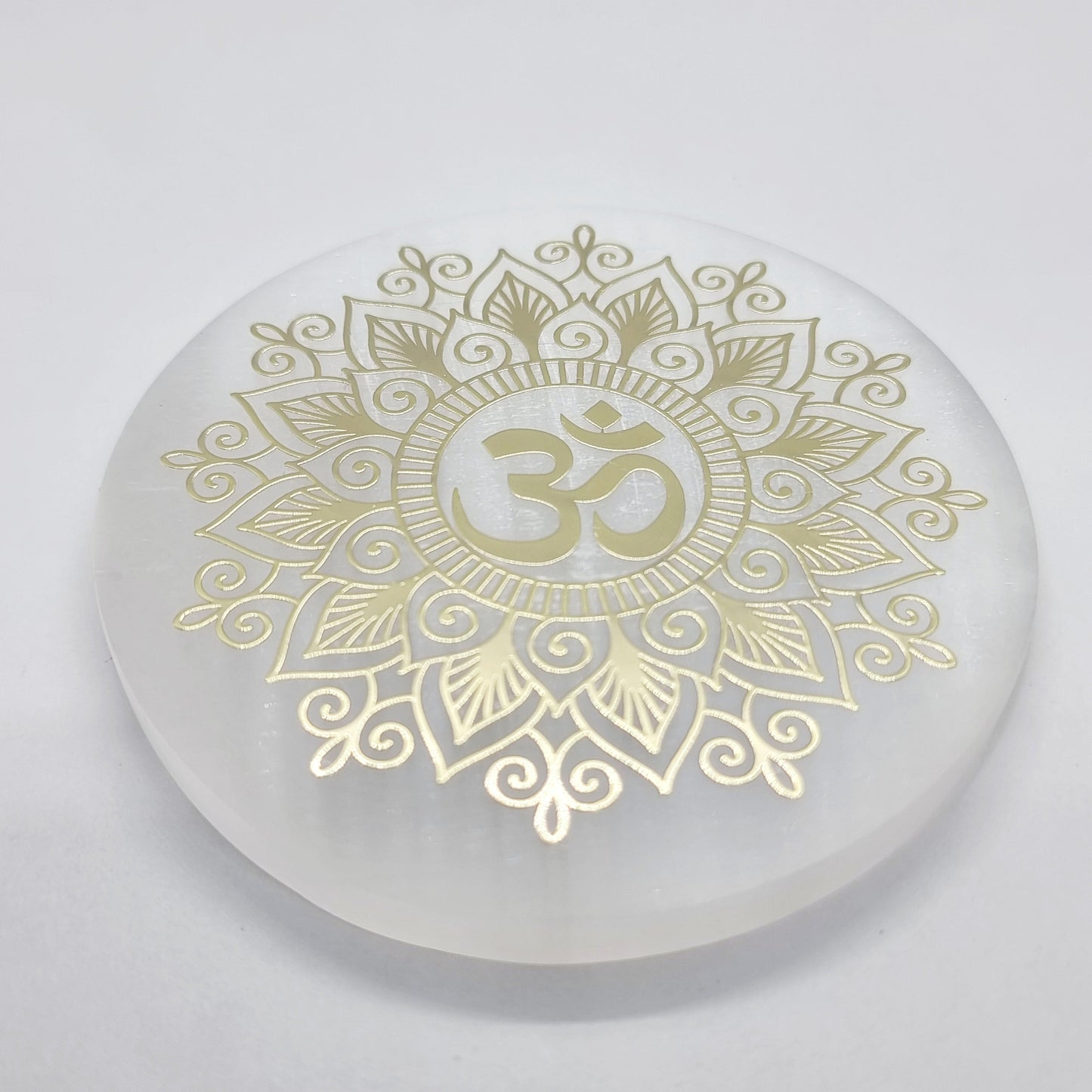 Small Selenite Ohm Mandala Gold Foil Charging Plate