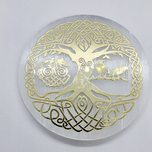 Small Selenite Triskele Gold Foil Charging Plate