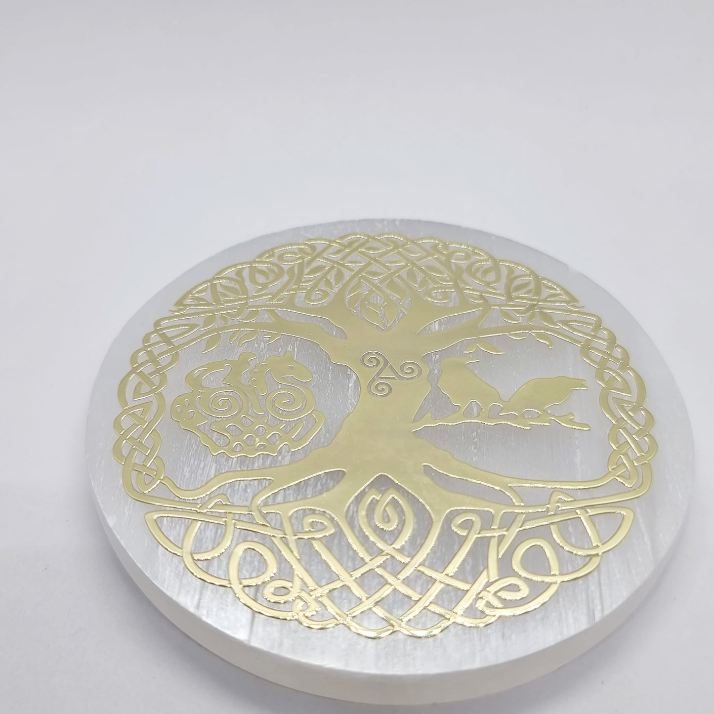 Small Selenite Triskele Gold Foil Charging Plate