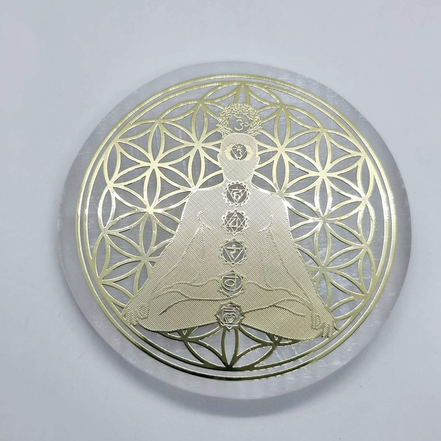 Selenite Flower of Life Chakra Gold Foil Charging Plate