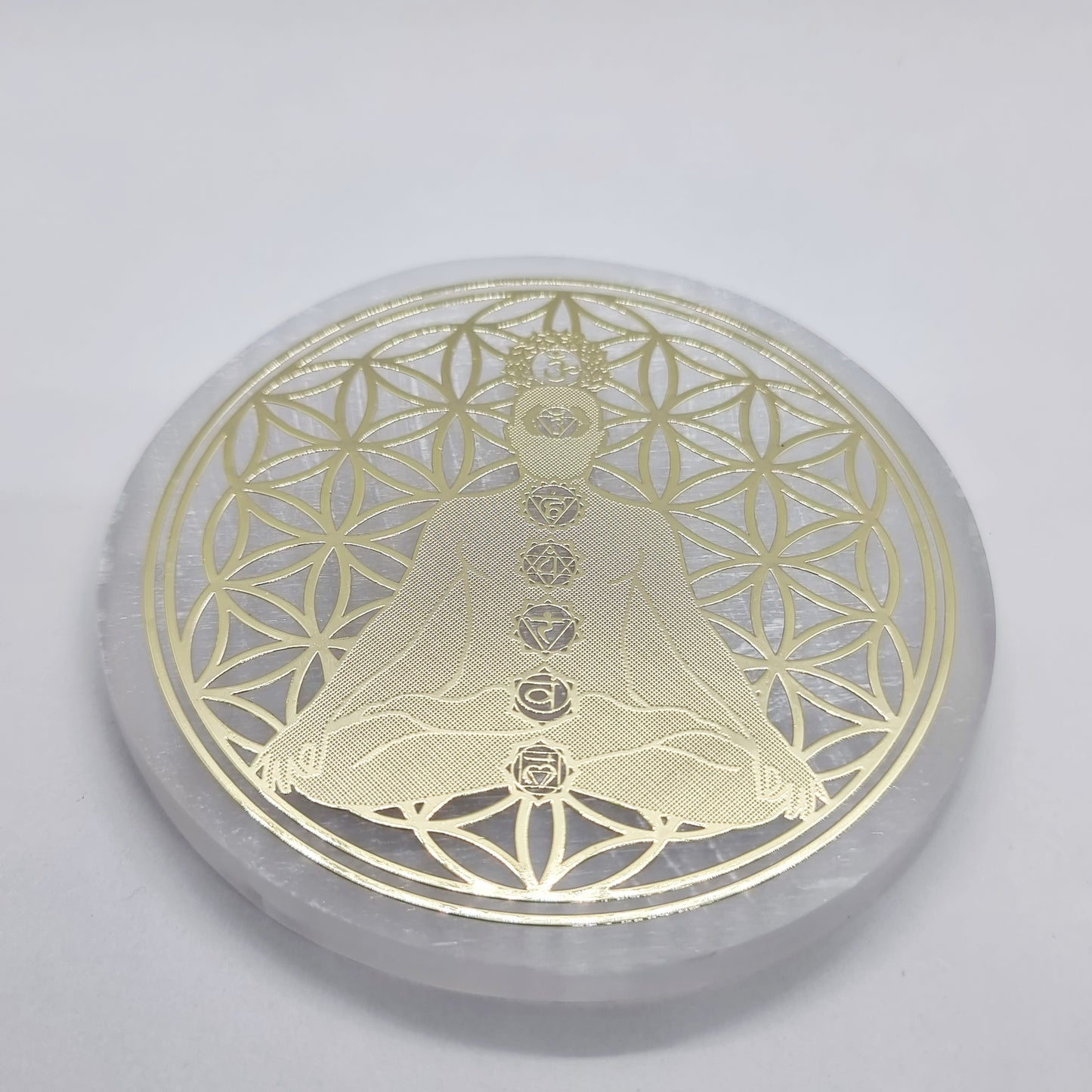 Selenite Flower of Life Chakra Gold Foil Charging Plate