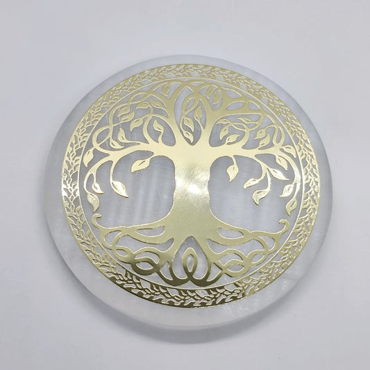 Small Selenite Celtic Tree of Life Gold Foil Charging Plate