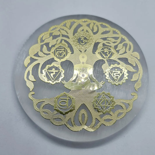 Small Selenite Chakra Tree of Life Gold Foil Charging Plate