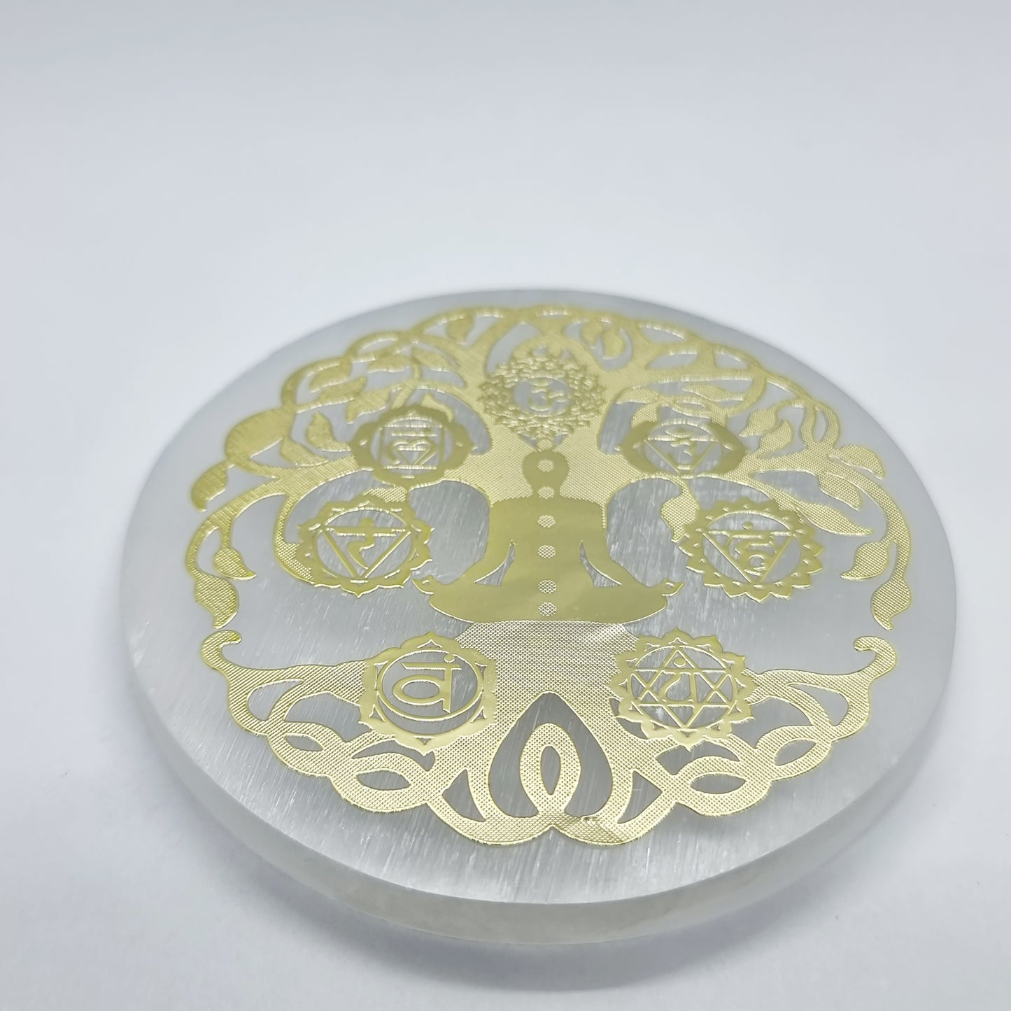 Selenite Chakra Tree of Life Gold Foil Charging Plate