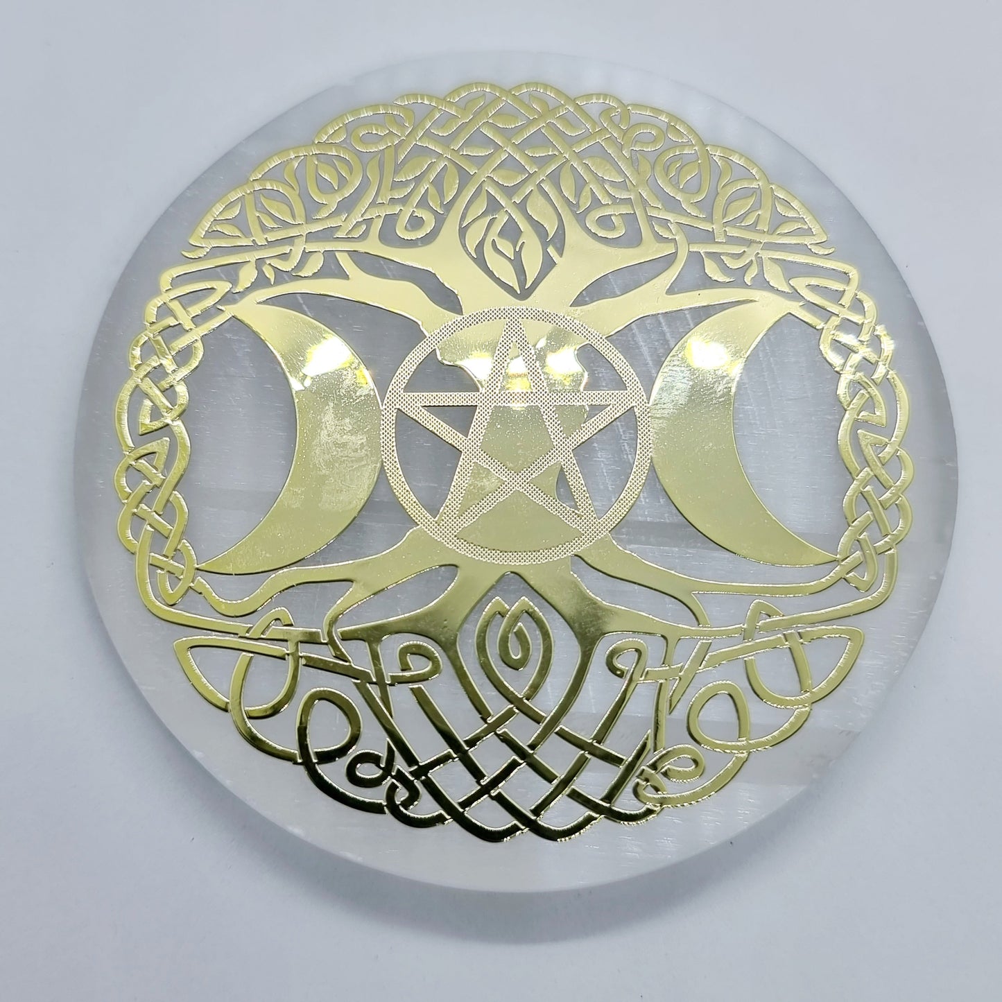 Small Selenite Triple Moon Goddess Gold Foil Charging Plate