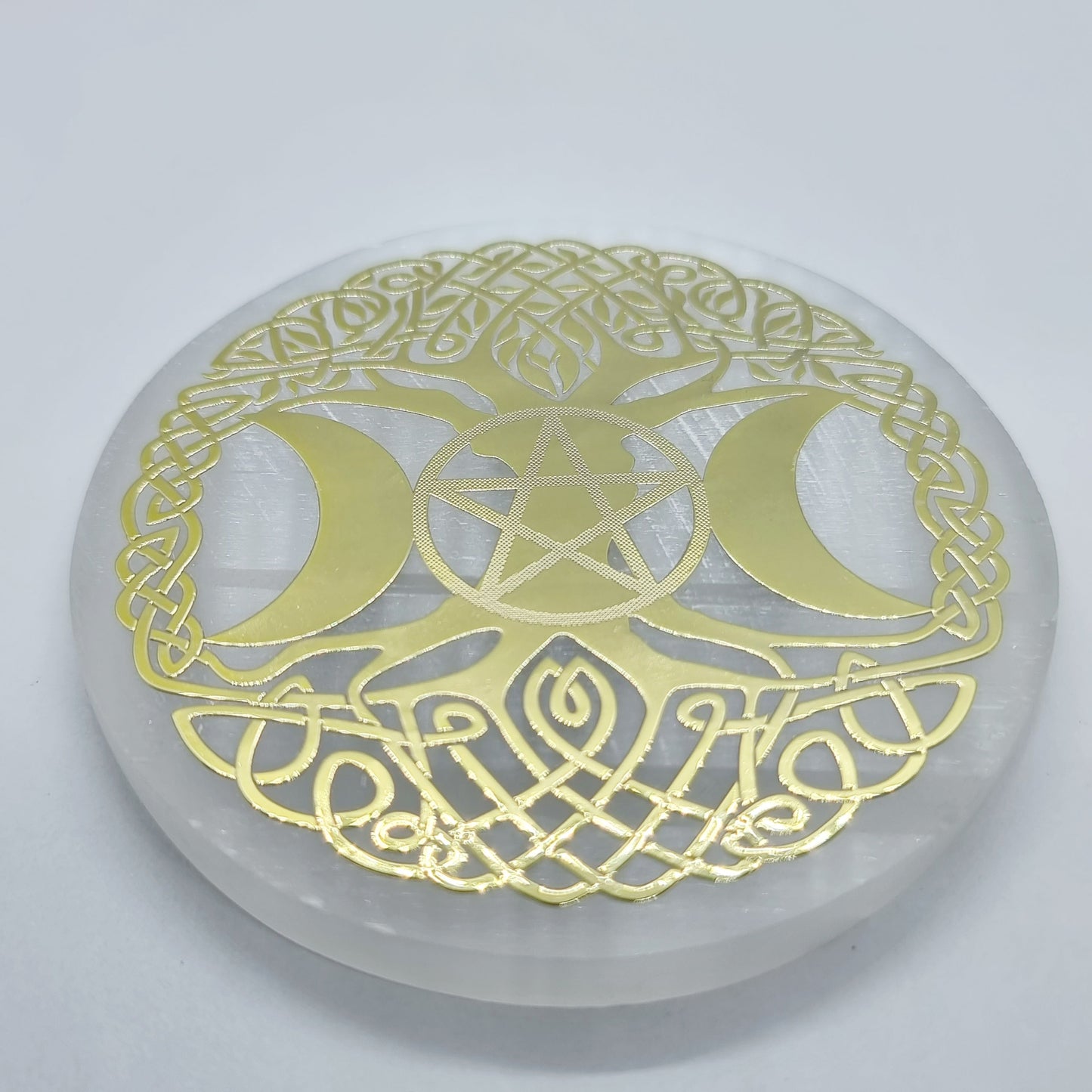 Small Selenite Triple Moon Goddess Gold Foil Charging Plate