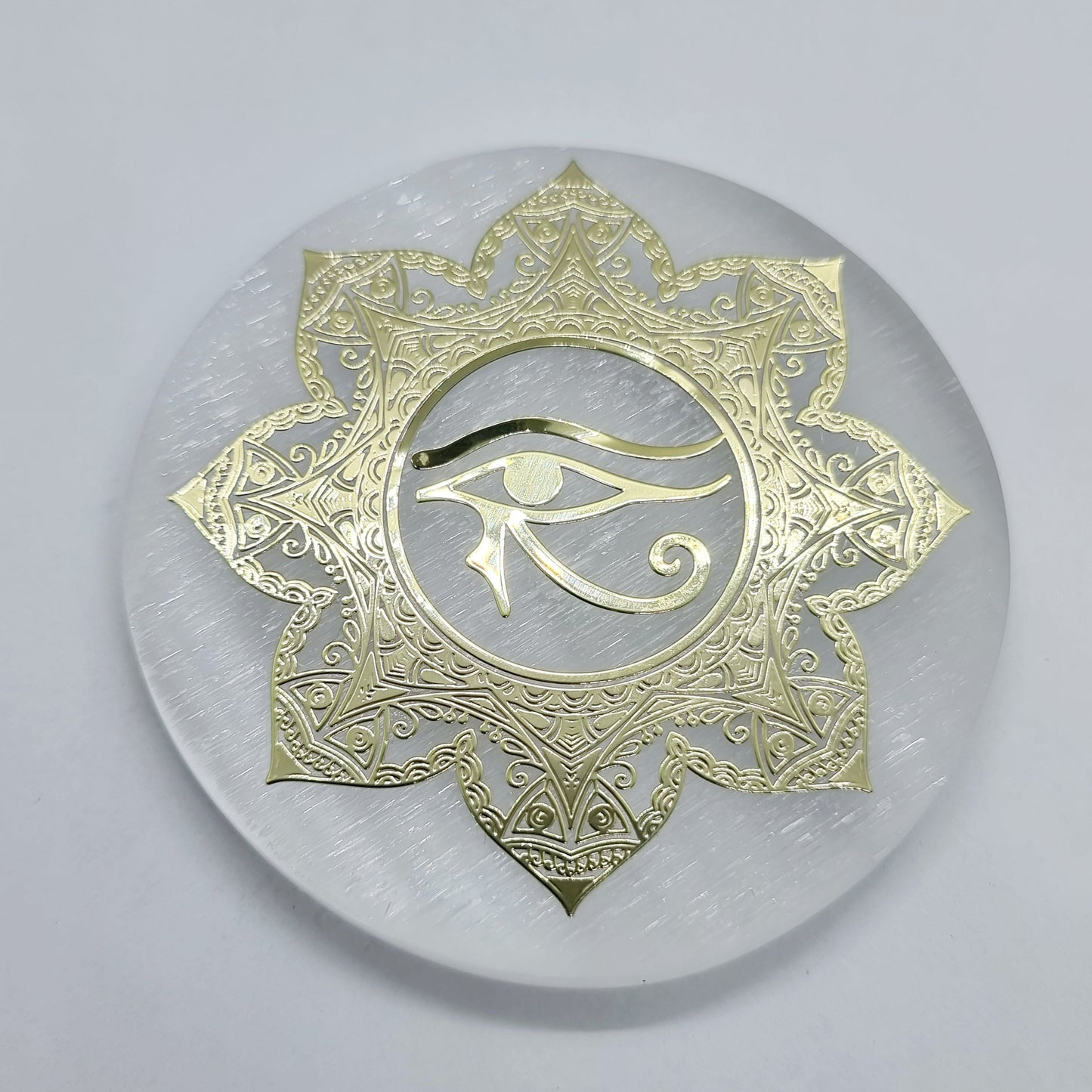 Small Selenite Eye of Horus Gold Foil Charging Plate