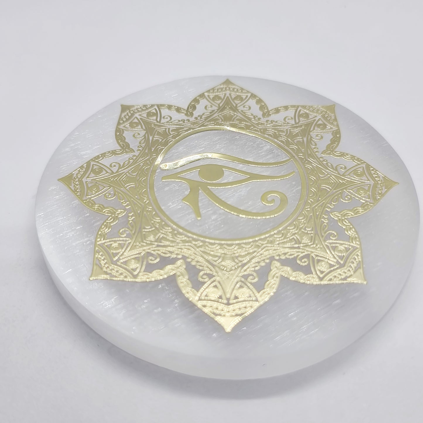 Selenite Eye of Horus Gold Foil Charging Plate