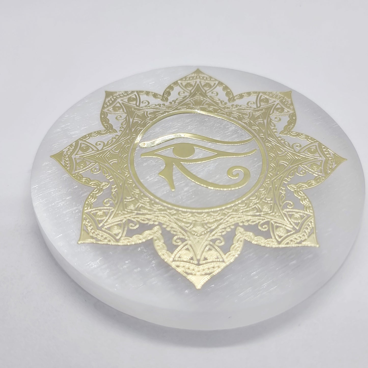 Small Selenite Eye of Horus Gold Foil Charging Plate