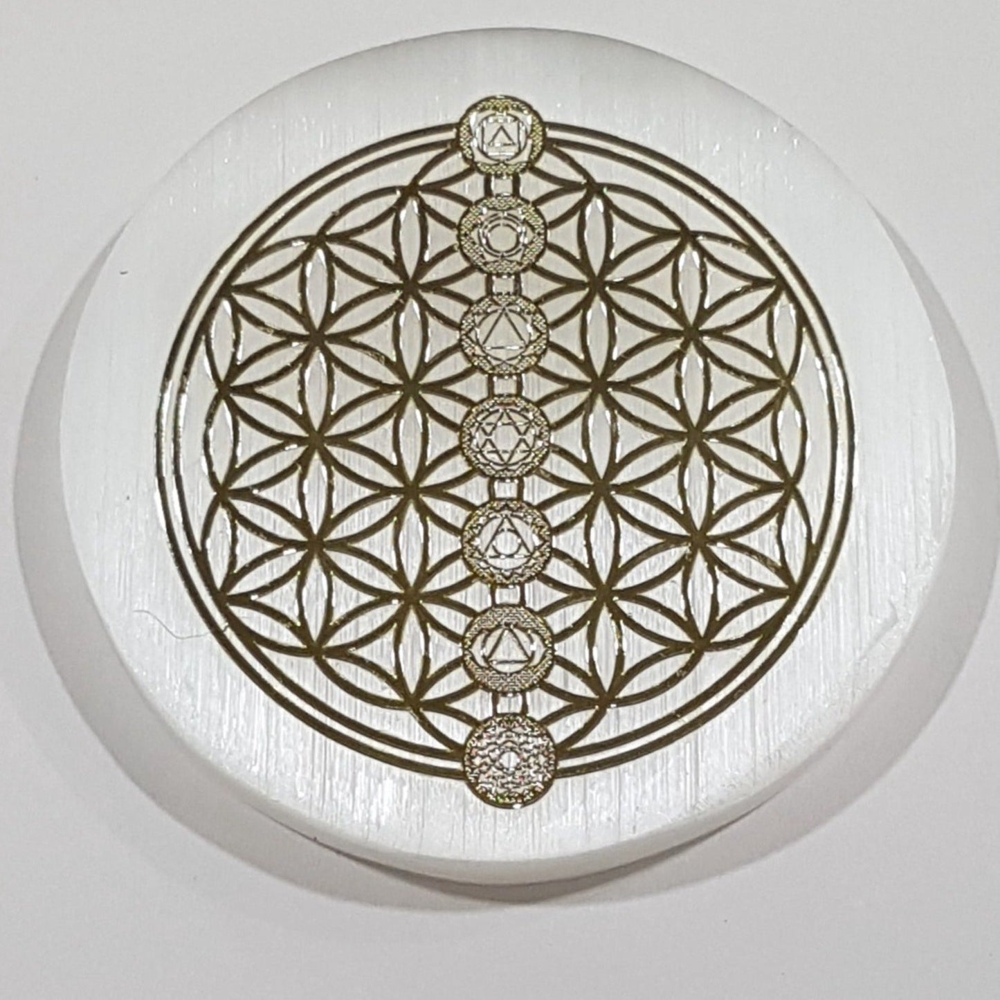 Small Selenite Flower of Life Chakra Gold Foil Charging Plate