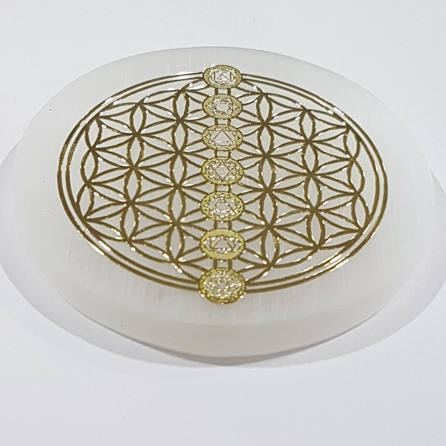 Small Selenite Flower of Life Chakra Gold Foil Charging Plate