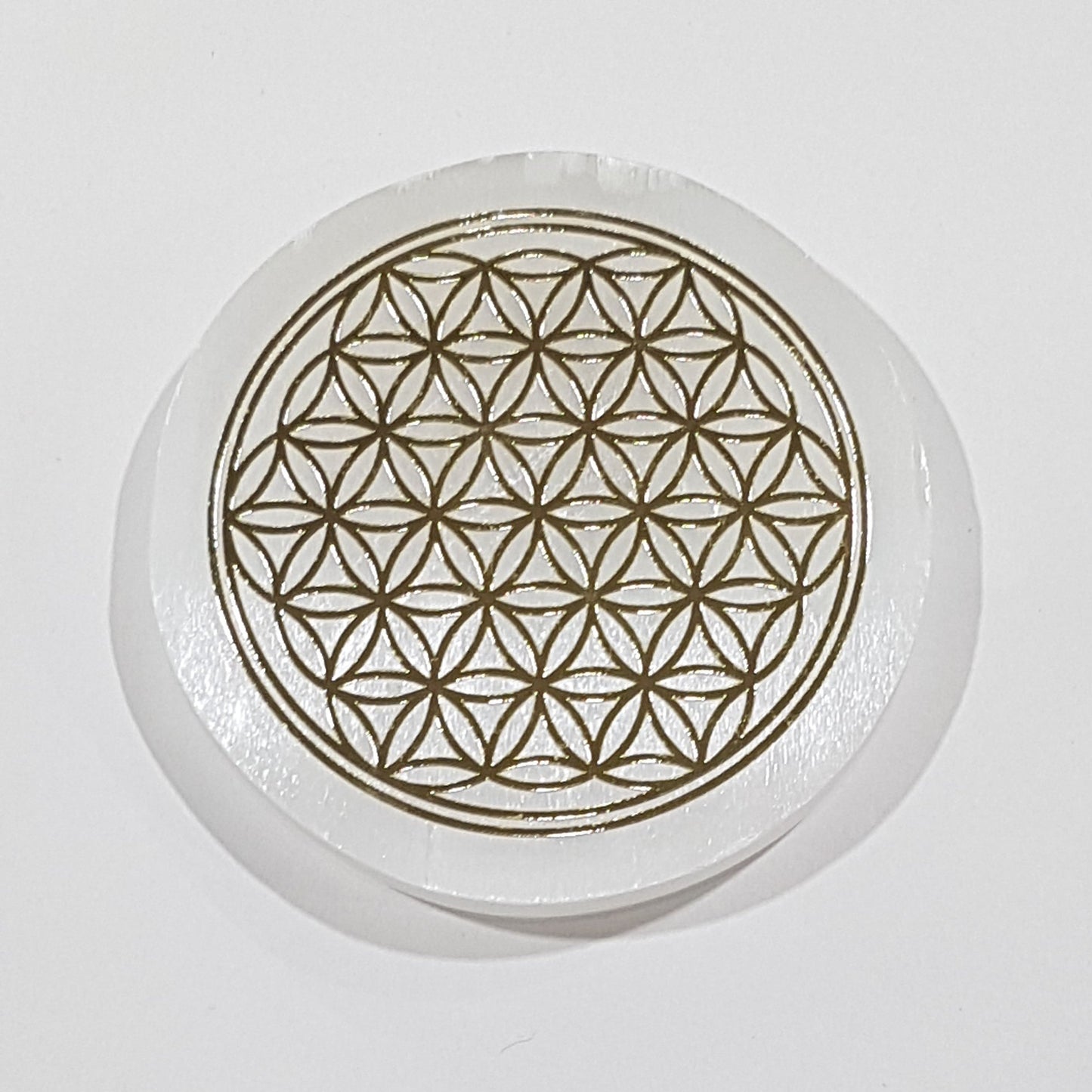 Small Selenite Flower Of Life Gold Foil Charging Plate