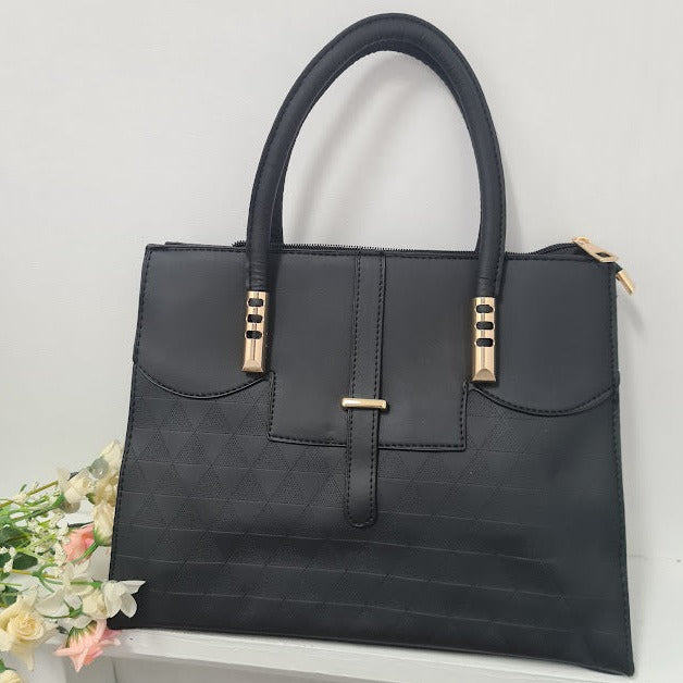 2 pc Large Black Leather Handbag With Triangle Pattern.