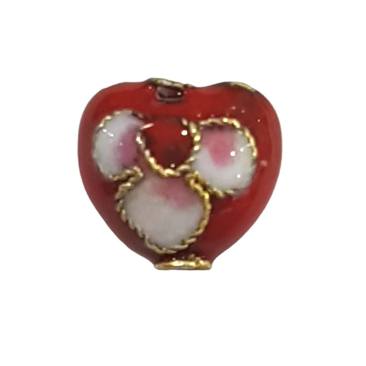 Small Red Heart Shaped Floral Cloisonné Bead