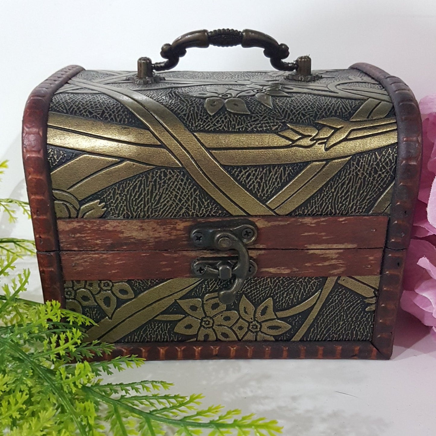 14.5 cm Dark Gold & Black Treasure Box With Flowers & Stripes