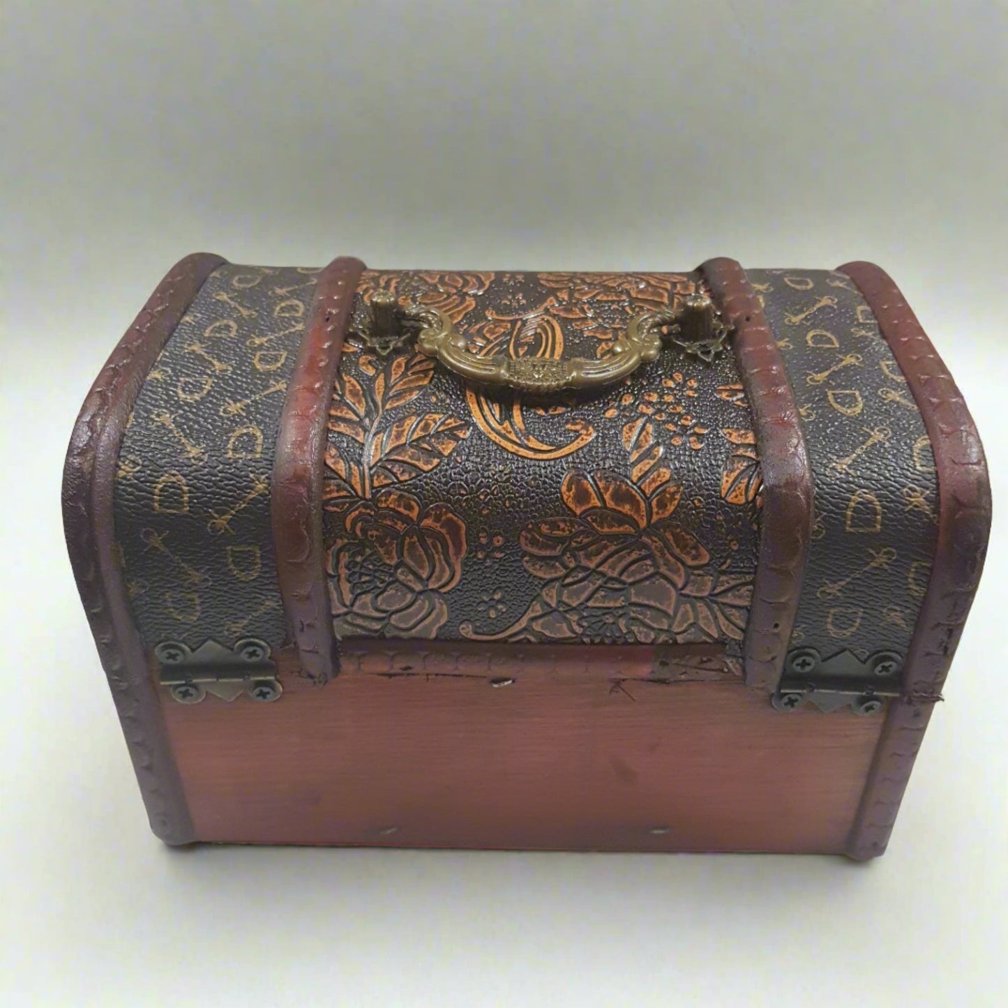 11cm Burnt Orange & Black Treasure Box With Roses & Patterned Sides.