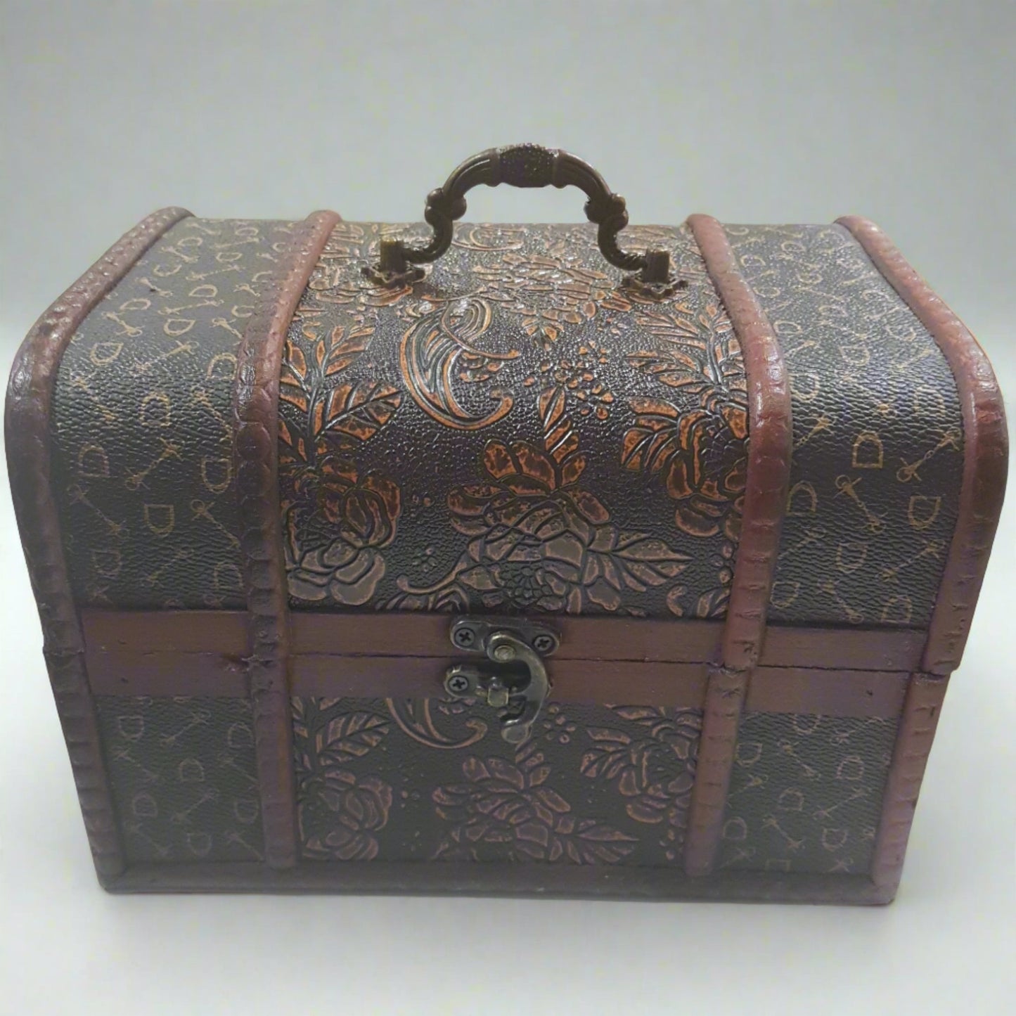 15cm Burnt Orange & Black Treasure Box With Roses & Patterned Sides.