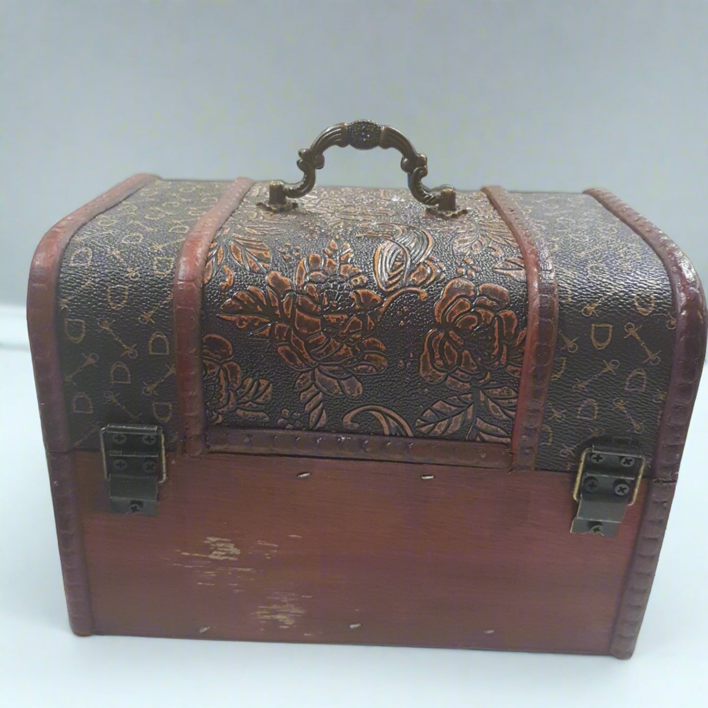 15cm Burnt Orange & Black Treasure Box With Roses & Patterned Sides.