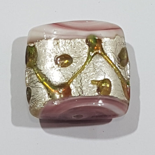 20mm Square Pink Swirl & Silver Lampwork Bead