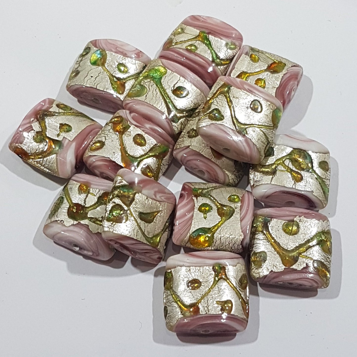 20mm Square Pink Swirl & Silver Lampwork Bead