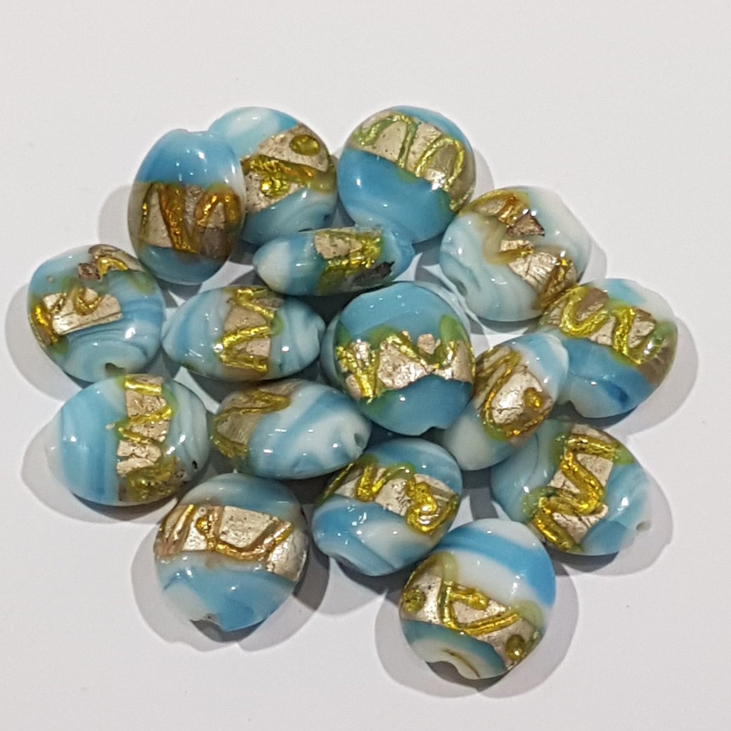 8pc Blue, White & Gold Swirl Lampwork Bead