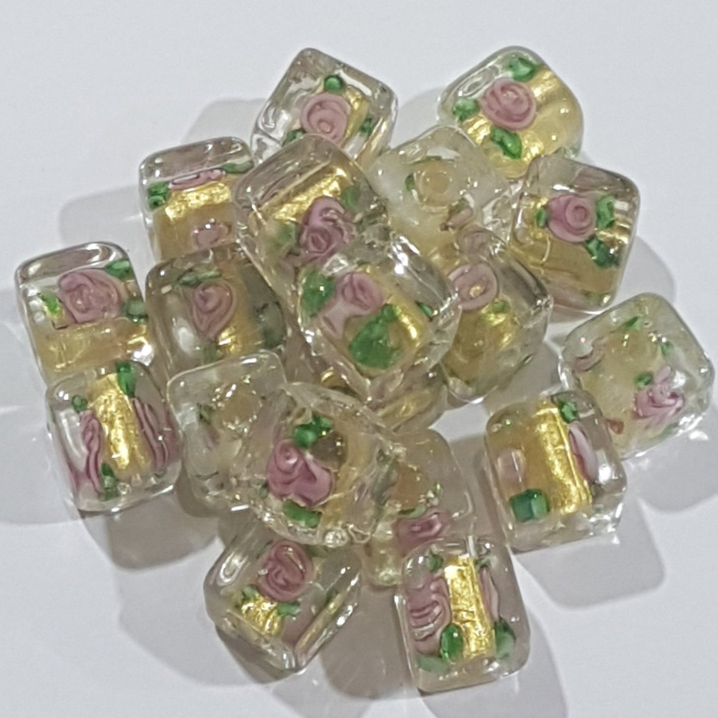 10mm Floral & Gold Lampwork Sq. Bead