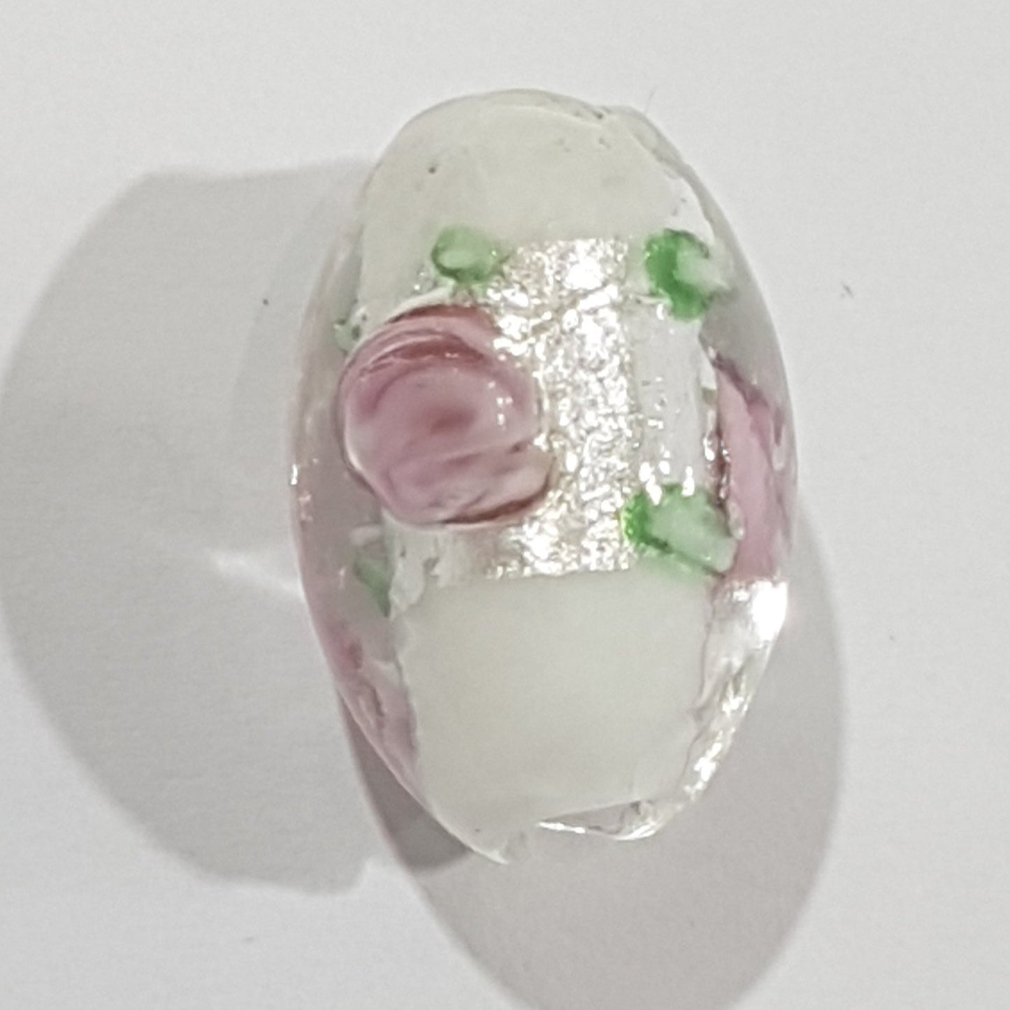 15mm Oval Clear & White Floral Lampwork Bead