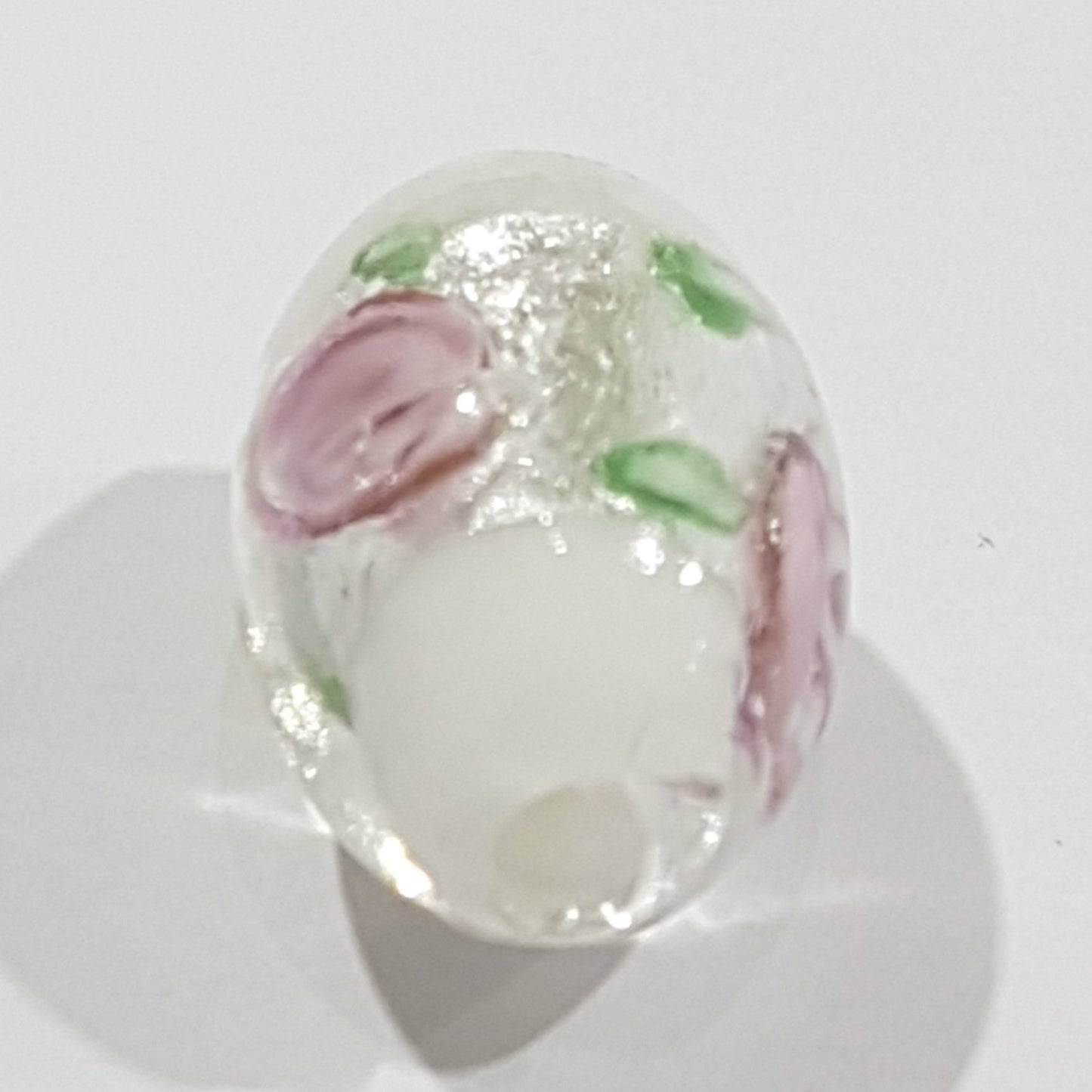 15mm Oval Clear & White Floral Lampwork Bead