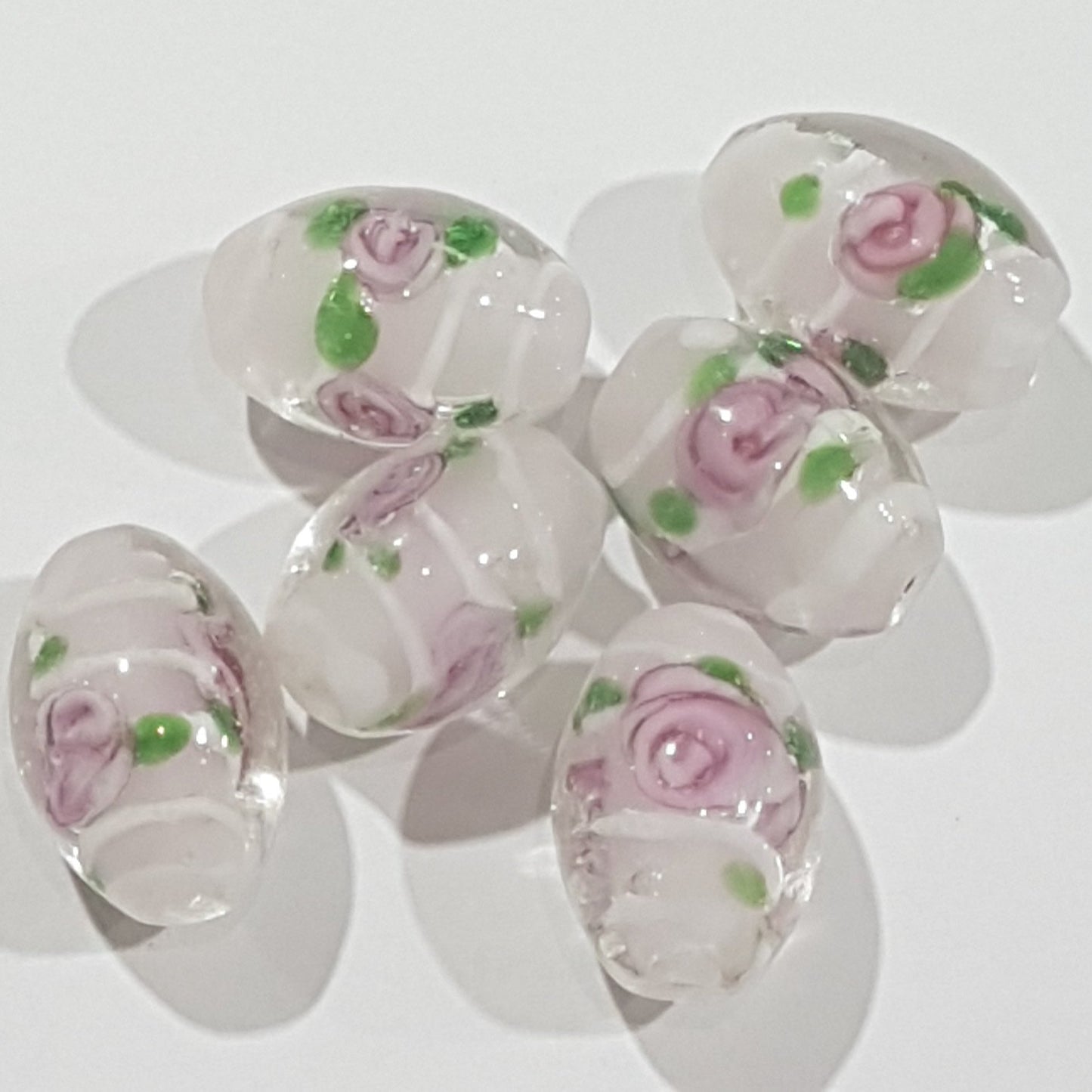 15mm Oval Pink & White Floral Lampwork Bead