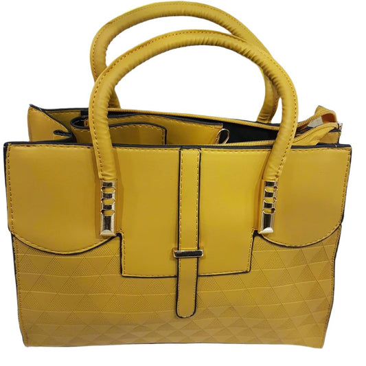 2 pc Large Yellow Leather Handbag With Triangle Pattern.