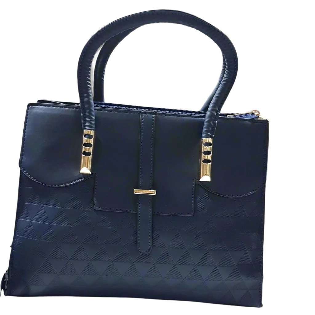 2 pc Large Dark Blue Leather Handbag With Triangle Pattern.