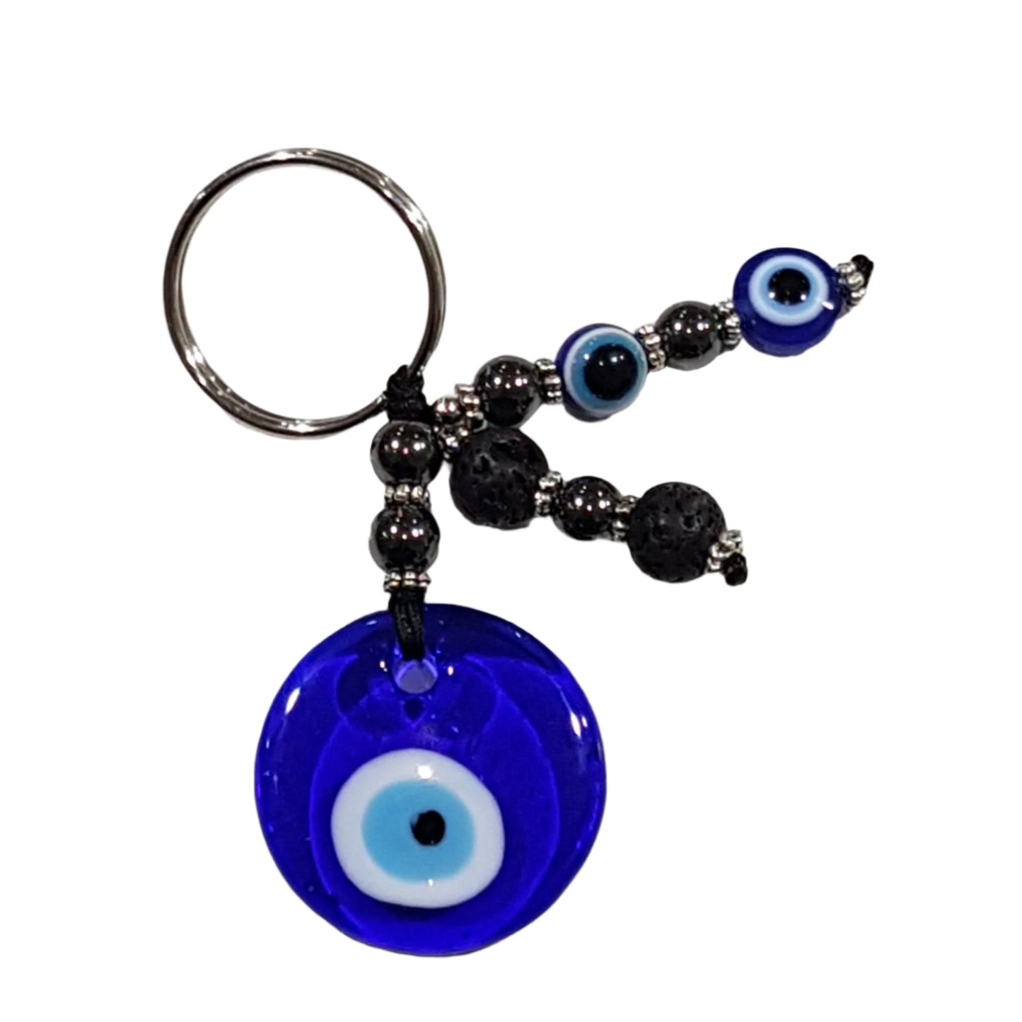 Flat Round Evil Eye Keychain With Lava Beads