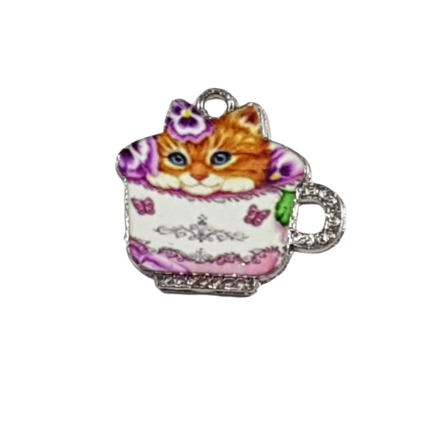 Kitty Cat In A Cup Charm With Butterflies