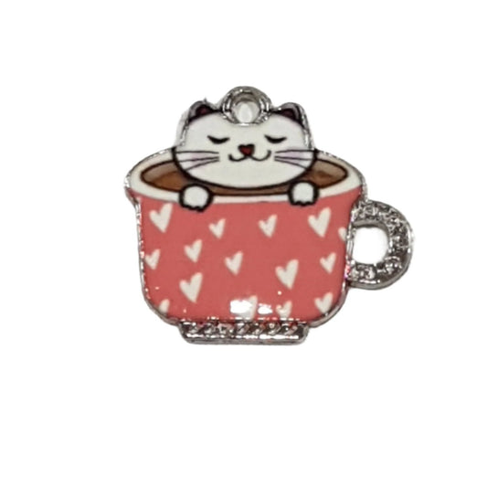 Kitty Cat In A Cup Charm With Hearts