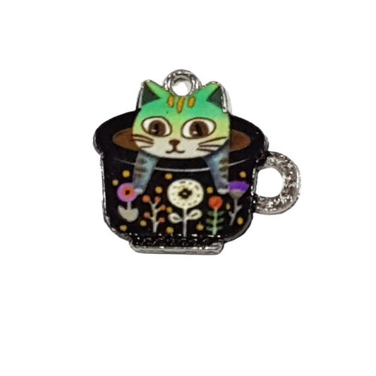 Kitty Cat In A Black Cup Charm With Flowers