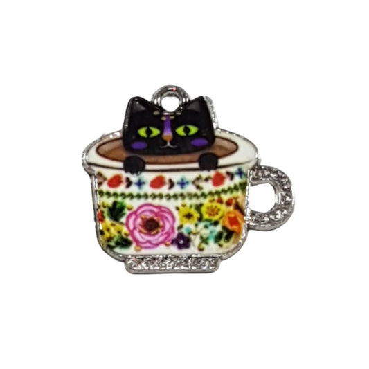 Kitty Cat In A White Cup Charm With Flowers