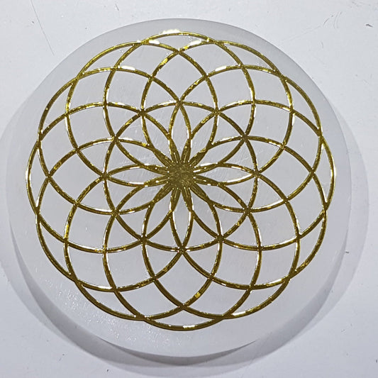 Small Selenite The Flower Of Life Gold Foil Charging Plate