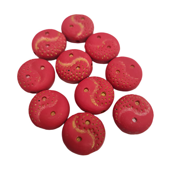 16mm Red & Gold Yin & Yang Handmade Polymer Clay Beads