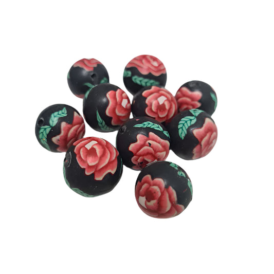 15mm Black With Red Roses Handmade Polymer Clay Beads