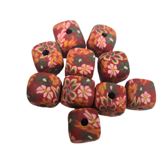 10mm Square Red & Floral Handmade Polymer Clay Beads